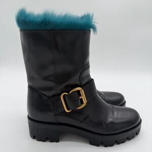 Prada Calzatore Donna Blue Goat Fur Black Leather Moto Buckle Boots $1390 38.5
